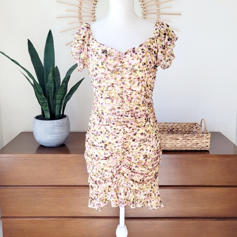 ASTR Floral Chiffon Ruched Mini Dress S